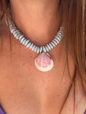Handmade Blue Shell Bead Necklace with Pink Shell Pendant